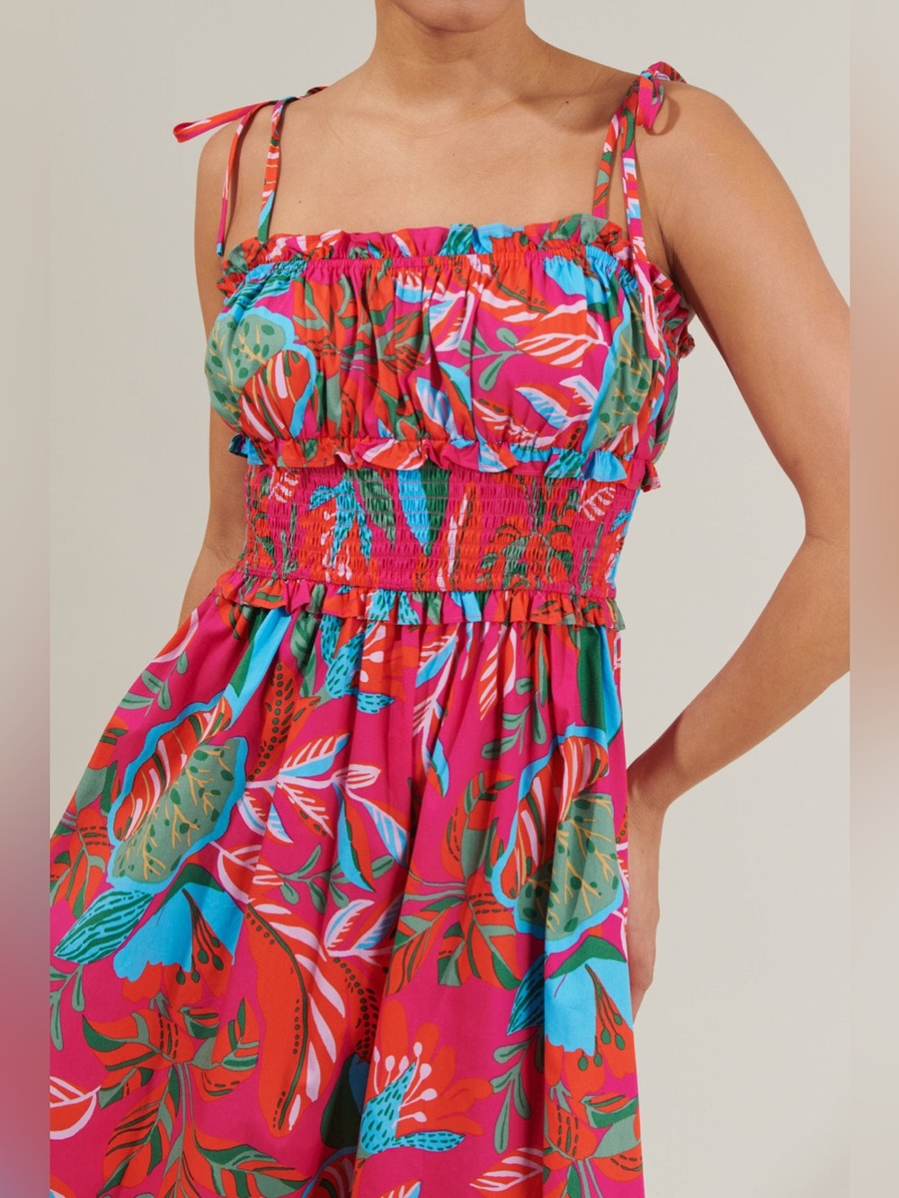 NWT Sugarlips Cactus Blossom Smocked Waist Tie Strap Poplin Midi Dress - Picture 4 of 4